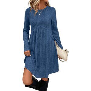Ofeefan Women Blue Crew Neck Long Sleeve Empire Waist Dress with Pockets